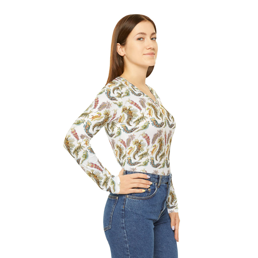 Nudibranch V-Neck Shirt – Haeckel 1899 Sea Slugs Pattern – Long Sleeve Tee