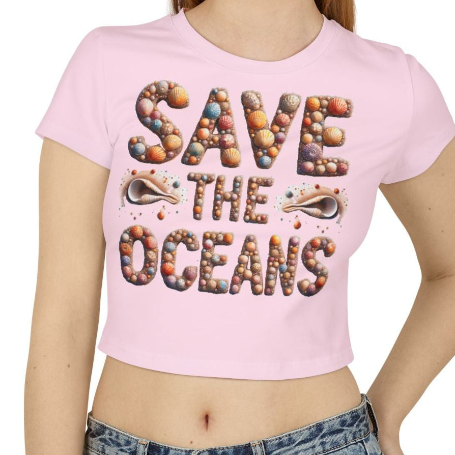 'Save The Oceans' spelled out in seashells on a baby tee - pink