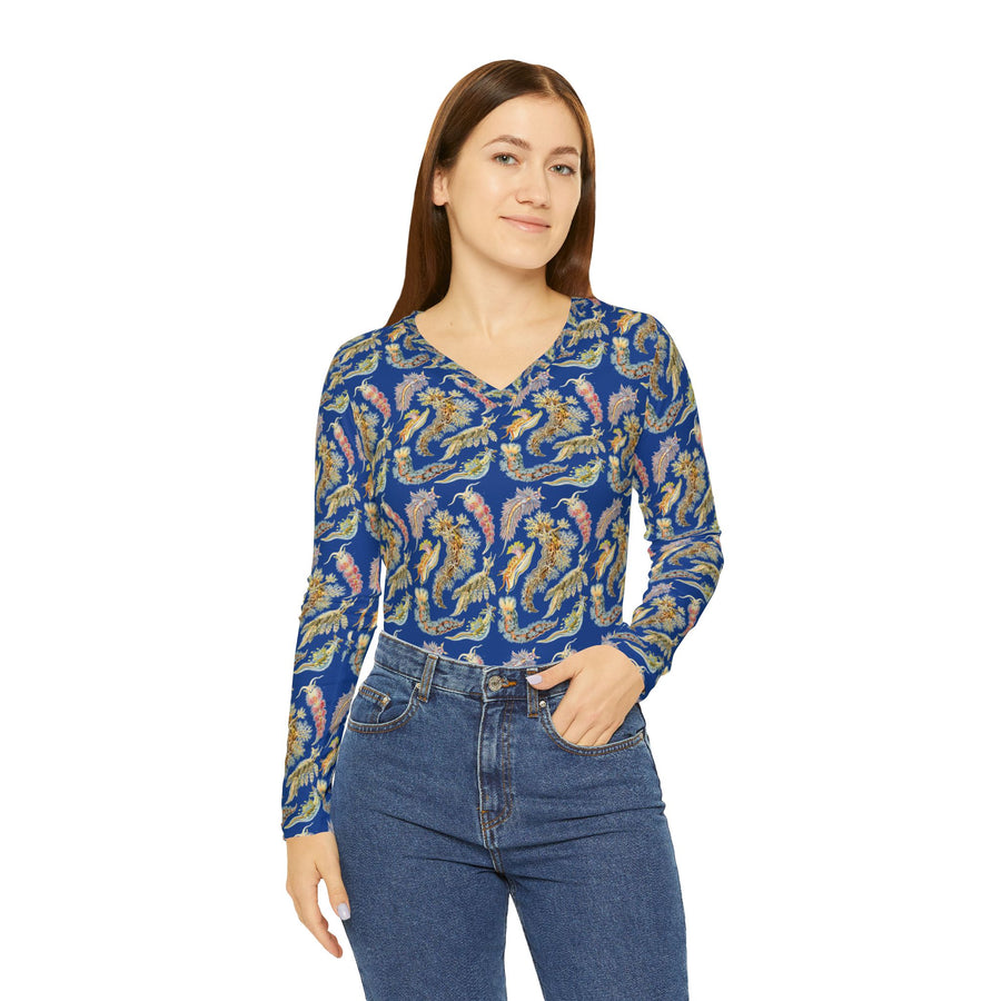 Nudibranch V-Neck Shirt – Haeckel 1899 Sea Slugs Pattern – Blue Marine Biology Tee
