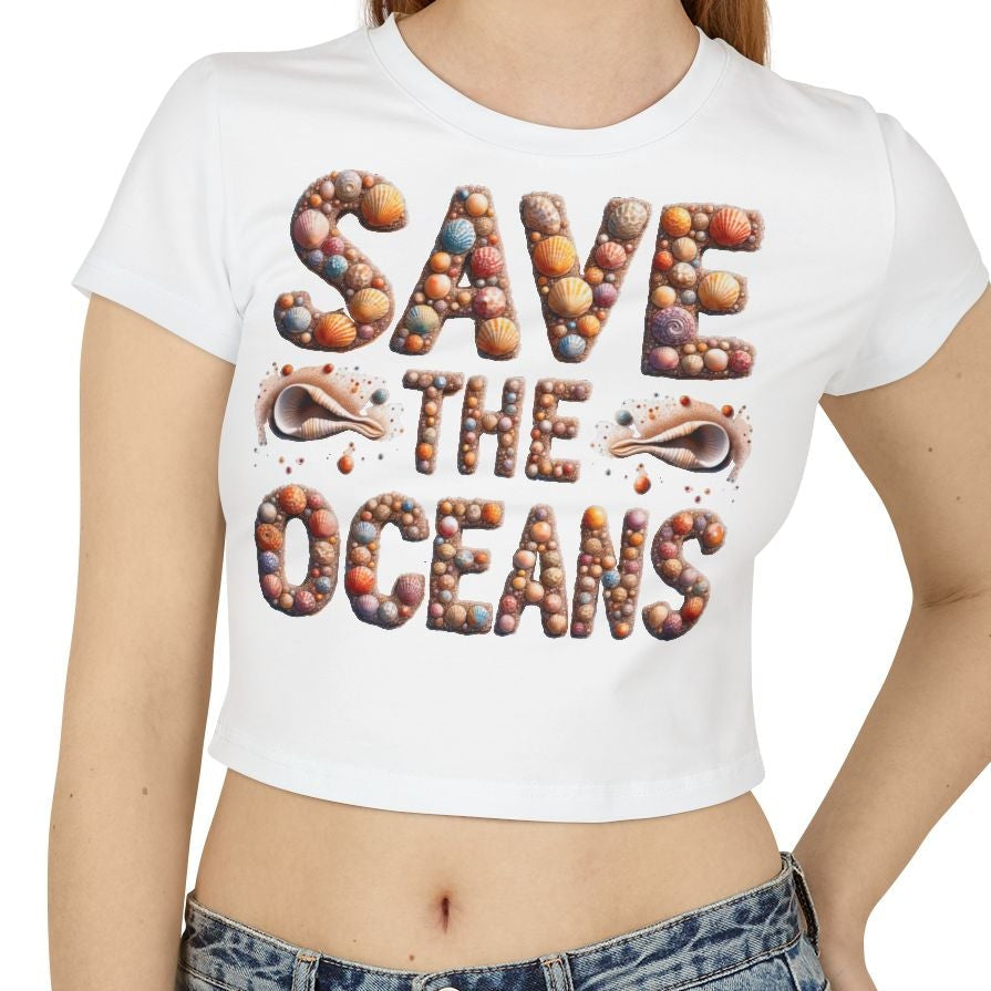 'Save The Oceans' spelled out in seashells on a baby tee - white
