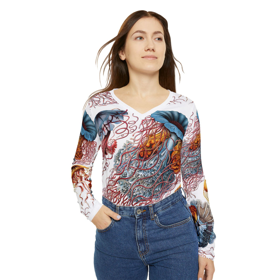 Discomedusa Jellyfish Long Sleeve V-Neck Tee – Ernst Haeckel All-Over Print