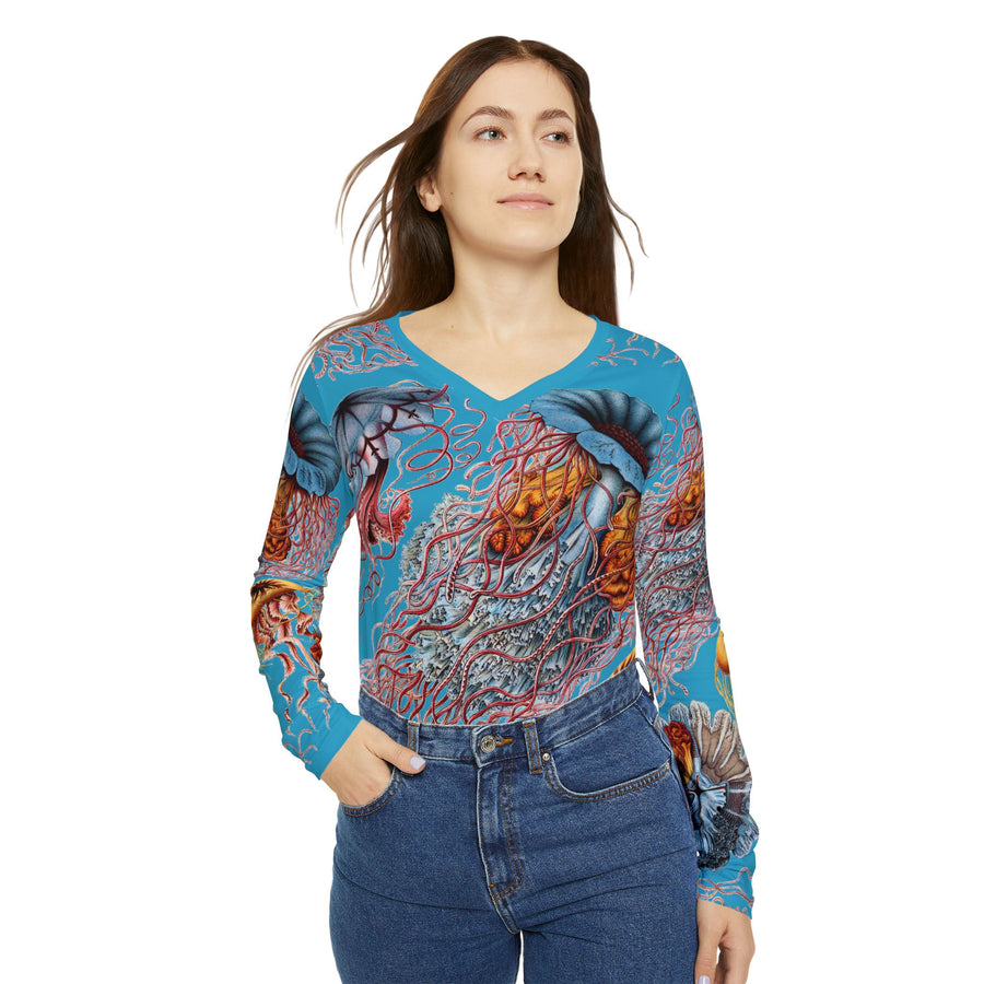Discomedusa Jellyfish Long Sleeve V-Neck Tee – Ernst Haeckel All-Over Print