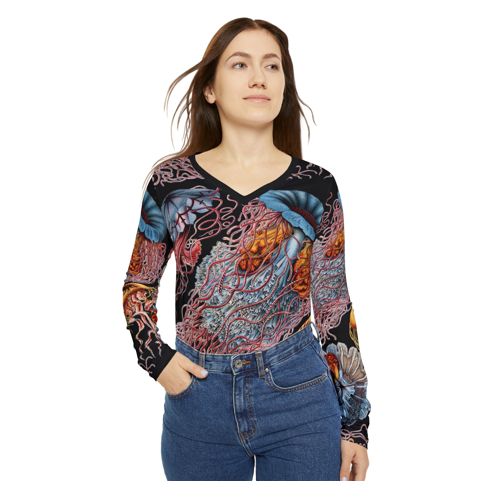 Discomedusa Jellyfish Long Sleeve V-Neck Tee – Ernst Haeckel All-Over Print