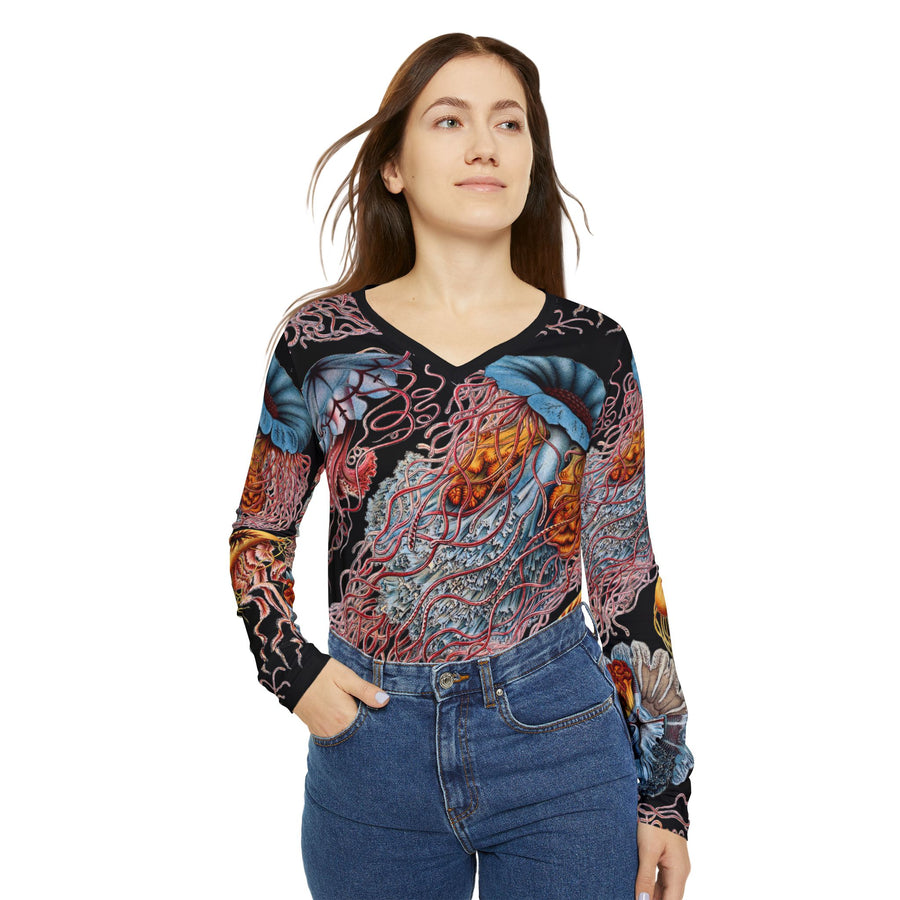 Discomedusa Jellyfish Long Sleeve V-Neck Tee – Ernst Haeckel All-Over Print