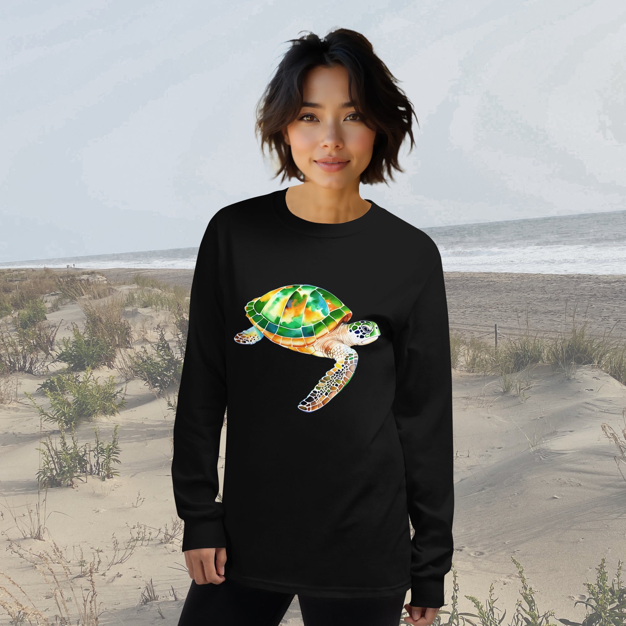 Beautiful Green Sea Turtle Long Sleeve T-Shirt – Classic Fit | Vibrant Ocean Conservation Art