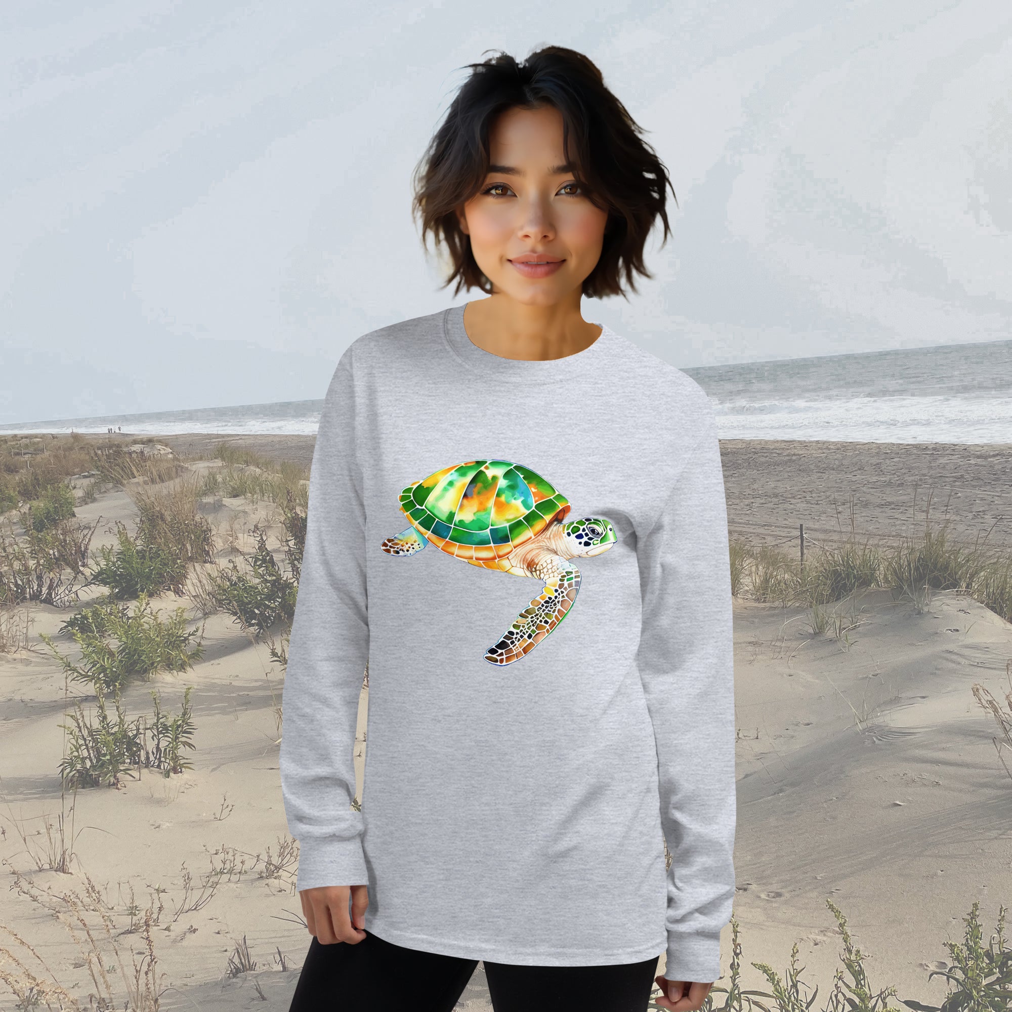 Color Enhanced Green Sea Turtle Art on a Long-sleeve Tee