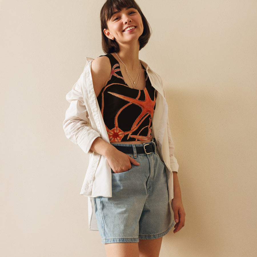 Orange Starfish Crop Top – Vintage Marine Biology Art by Prince Albert I