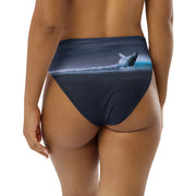 Gray Whale High-Waisted Bikini Bottom – Recycled Ocean Print Swimwear with Breach Detail on Back