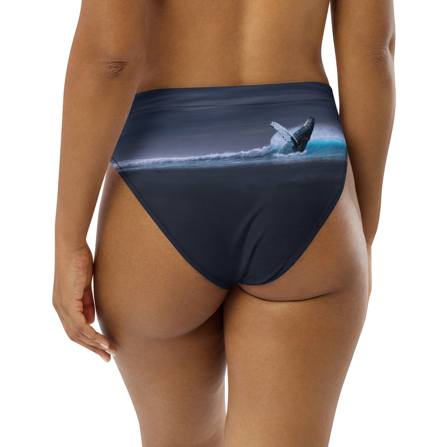 Gray Whale High-Waisted Bikini Bottom – Recycled Ocean Print Swimwear with Breach Detail on Back