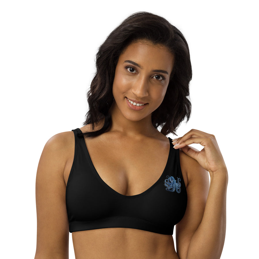 Minimalist Black Bikini Top with Blue Octopus | Padded Recycled Swimwear | Ocean Vista Eco Design