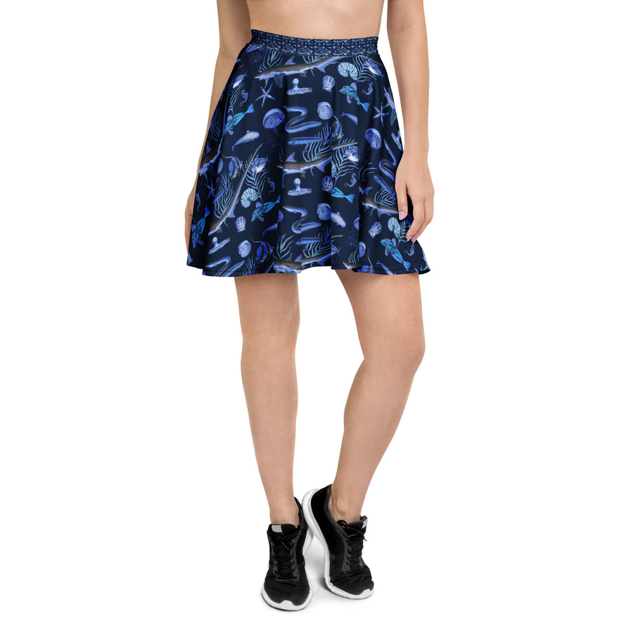 Millot Fish Collage Skater Skirt – Blue Silhouettes on 4 Backgrounds