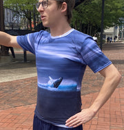 Whale Breach All-Over Print T-Shirt — Playful Gray Whale Ocean Art | Men’s Crew Neck Tee