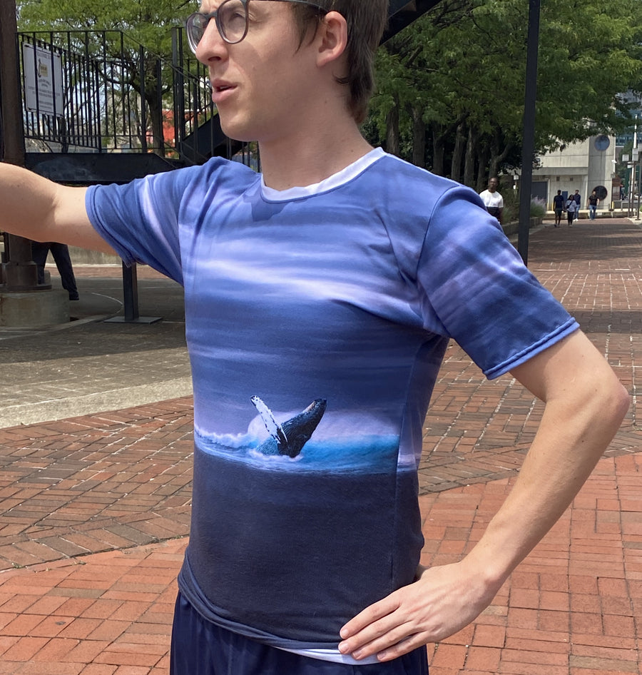 Whale Breach All-Over Print T-Shirt — Playful Gray Whale Ocean Art | Men’s Crew Neck Tee