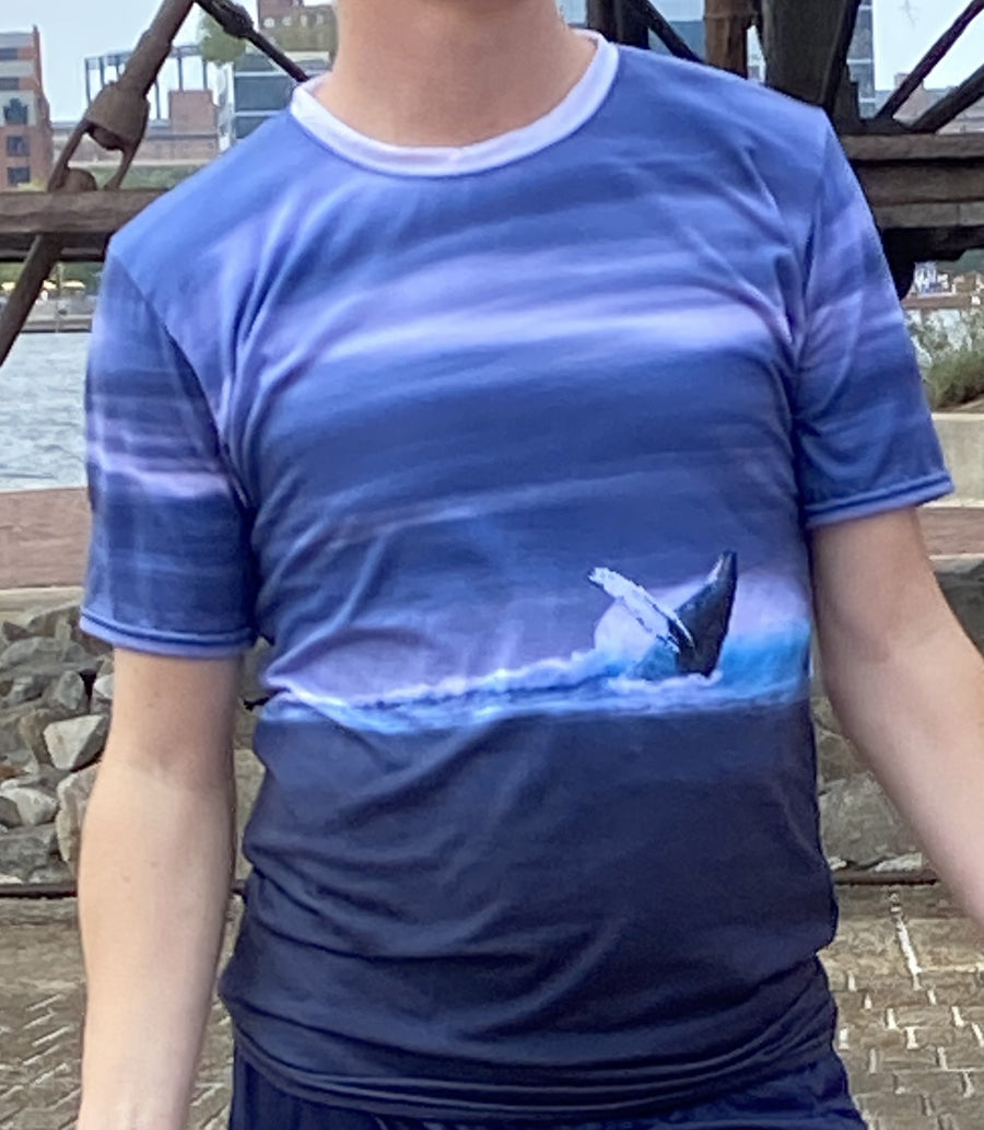 Whale Breach All-Over Print T-Shirt — Playful Gray Whale Ocean Art | Men’s Crew Neck Tee
