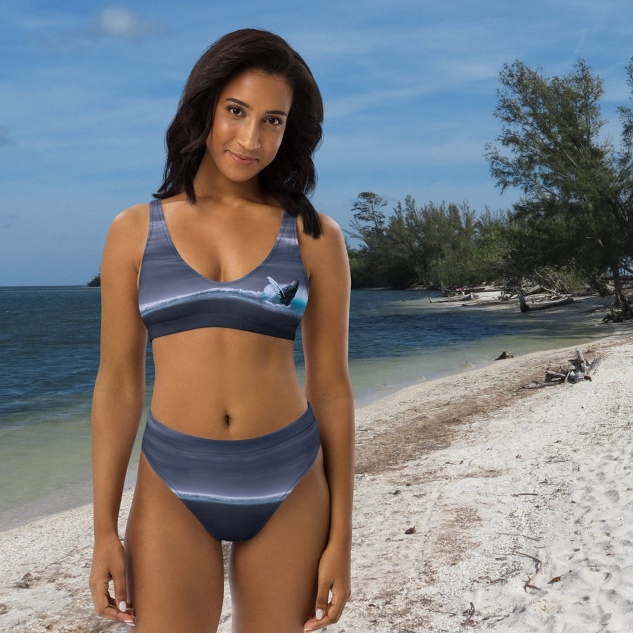 High-Waisted Bikini – Gray Whale Breach – Eco-Friendly Swimwear with UPF 50+ Protection