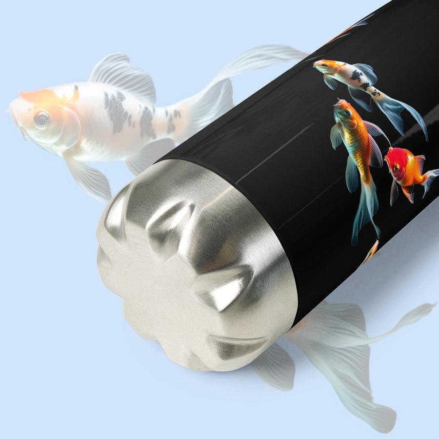 Colorful and relaxing Japanese Koi floating serenely on a 17 ounce Stainless Steel Reusable Water Bottle. Gift for Him or gift for Her.