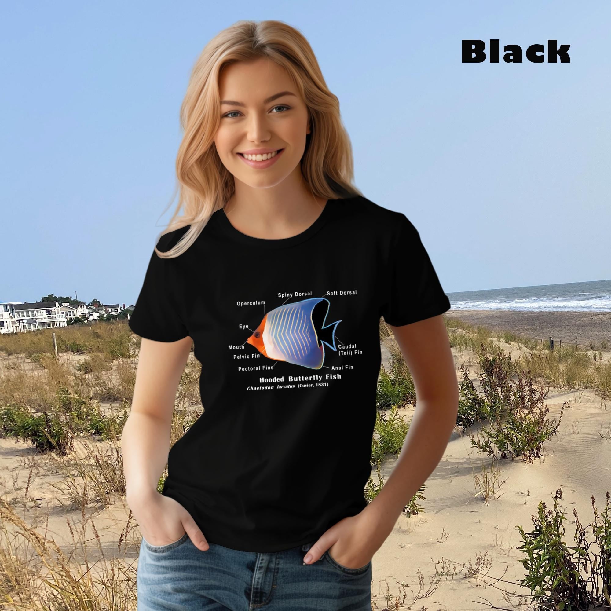 Red Hooded Butterflyfish with Taxonomic Notations, Garment-dyed t-shirt, Marine Biology Tee Shirt, Gift for sea-life lovers