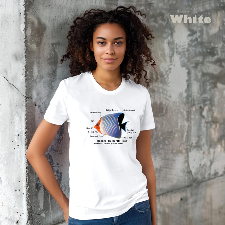 Red Hooded Butterflyfish with Taxonomic Notations, Garment-dyed t-shirt, Marine Biology Tee Shirt, Gift for sea-life lovers