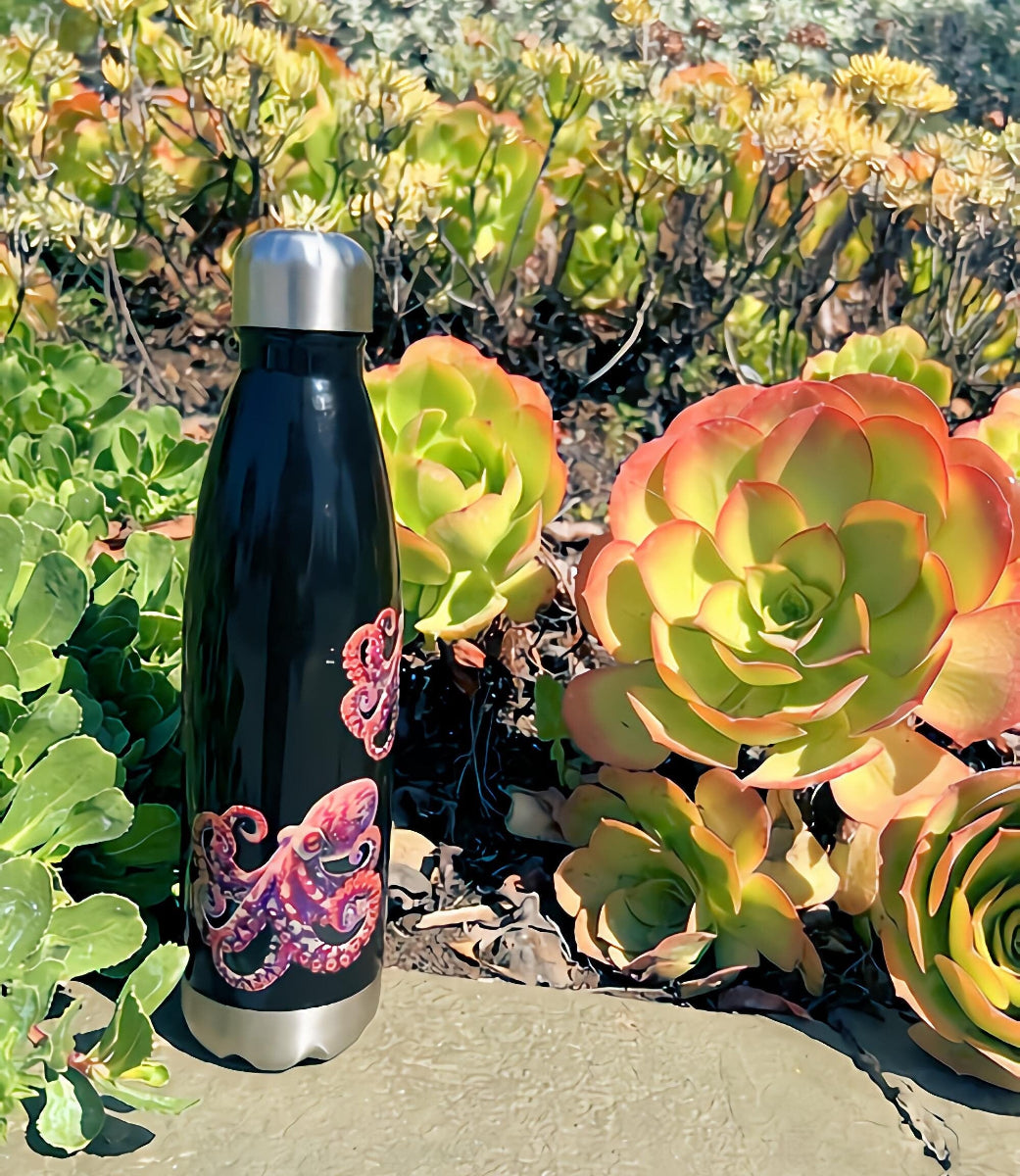 Beautiful Deep Red Octopus on a 17 ounce Stainless Steel Reusable Water Bottle. Gift for Him or gift for Her.
