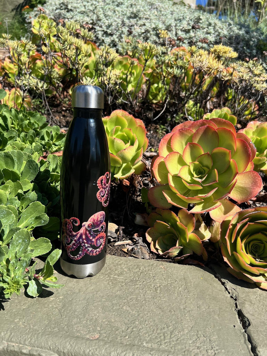 Beautiful Deep Red Octopus on a 17 ounce Stainless Steel Reusable Water Bottle. Gift for Him or gift for Her.