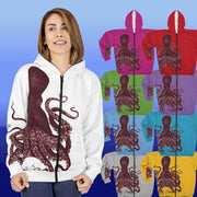 Zip Hoodie, various colors, Octopus Verrucosus, Marine Life Apparel, Ocean Explorer Hooded sweatshirt jacket, Brown Octopus