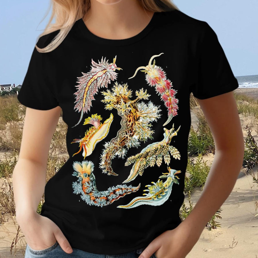 Haeckel Nudibranchia Print on Comfort Colors Black T-Shirt.