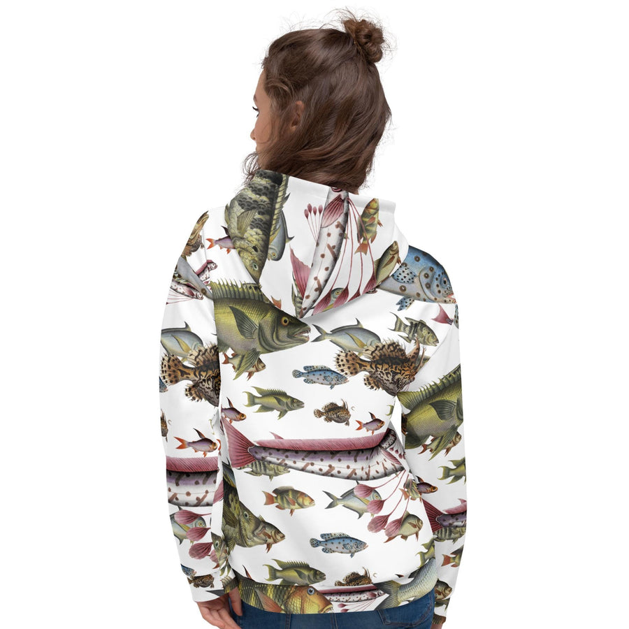 Vintage fish illustrations on a Unisex Hoodie. Pattern of fishes based on Marcus Bloch 16th century work.
