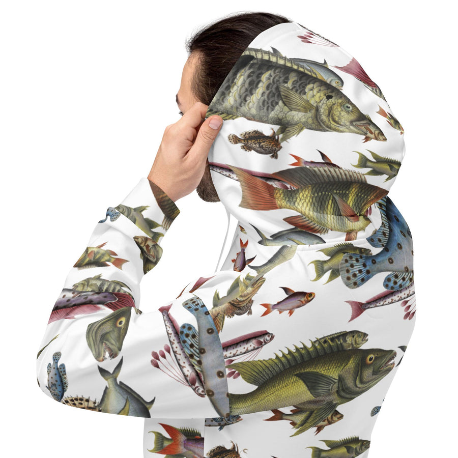 Vintage fish illustrations on a Unisex Hoodie. Pattern of fishes based on Marcus Bloch 16th century work.