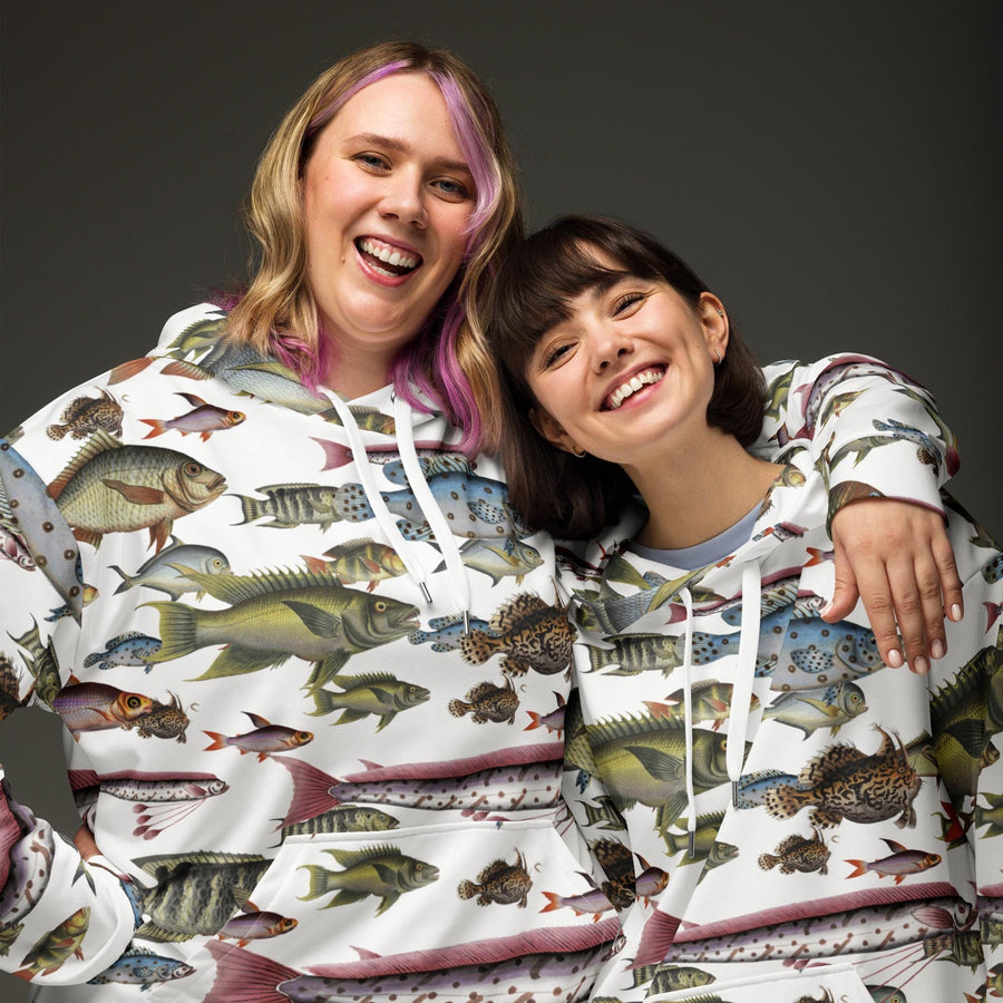 Vintage fish illustrations on a Unisex Hoodie. Pattern of fishes based on Marcus Bloch 16th century work.