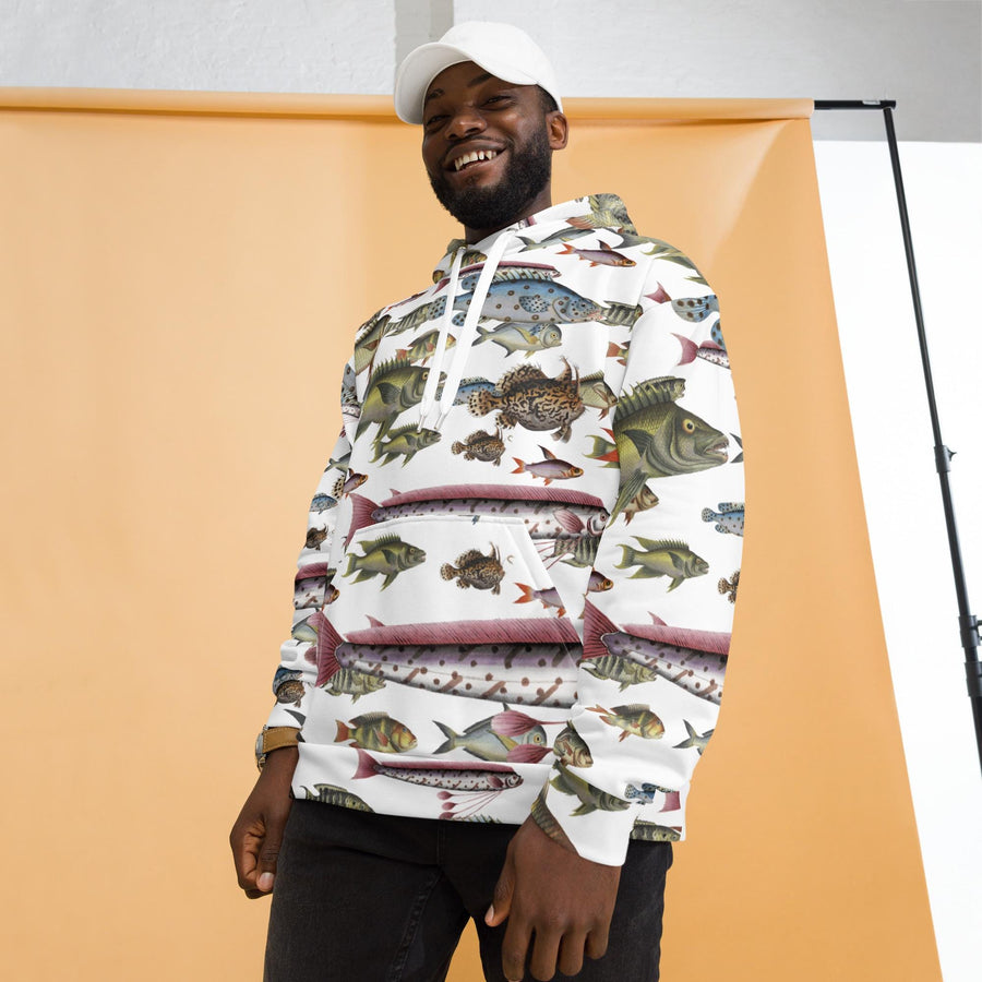Vintage fish illustrations on a Unisex Hoodie. Pattern of fishes based on Marcus Bloch 16th century work.