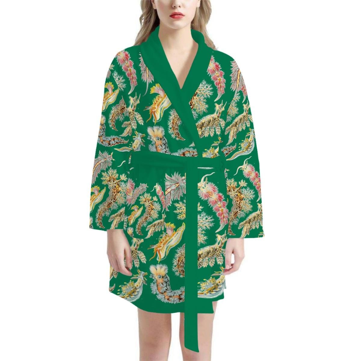 Nudribranchs (Sea Slugs) Bath Robes for Women, vintage Haeckel illustration of 7 Nudibranch species. Enhanced by a hunter green background.
