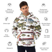 Vintage fish illustrations on a Unisex Hoodie. Pattern of fishes based on Marcus Bloch 16th century work.