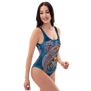 Vintage Jellyfish One-Piece Dark Blue Swimsuit, 1899 taxonomic illustration for ocean loving nerds. Gift for Her.