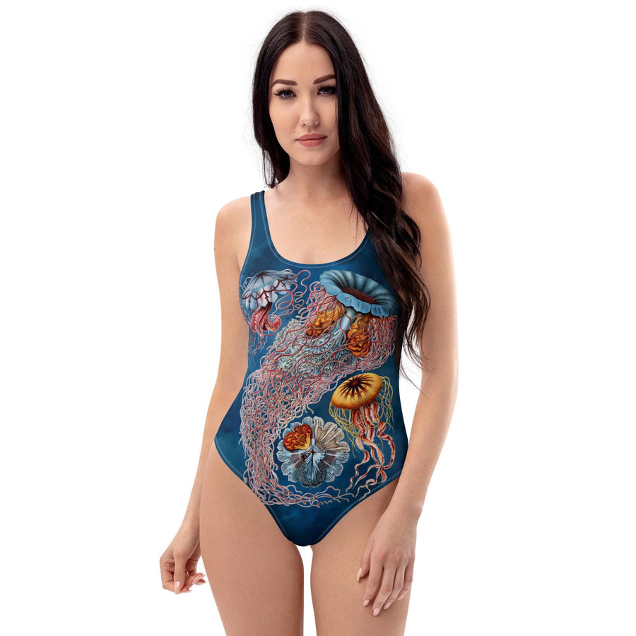 Vintage Jellyfish One-Piece Dark Blue Swimsuit, 1899 taxonomic illustration for ocean loving nerds. Gift for Her.
