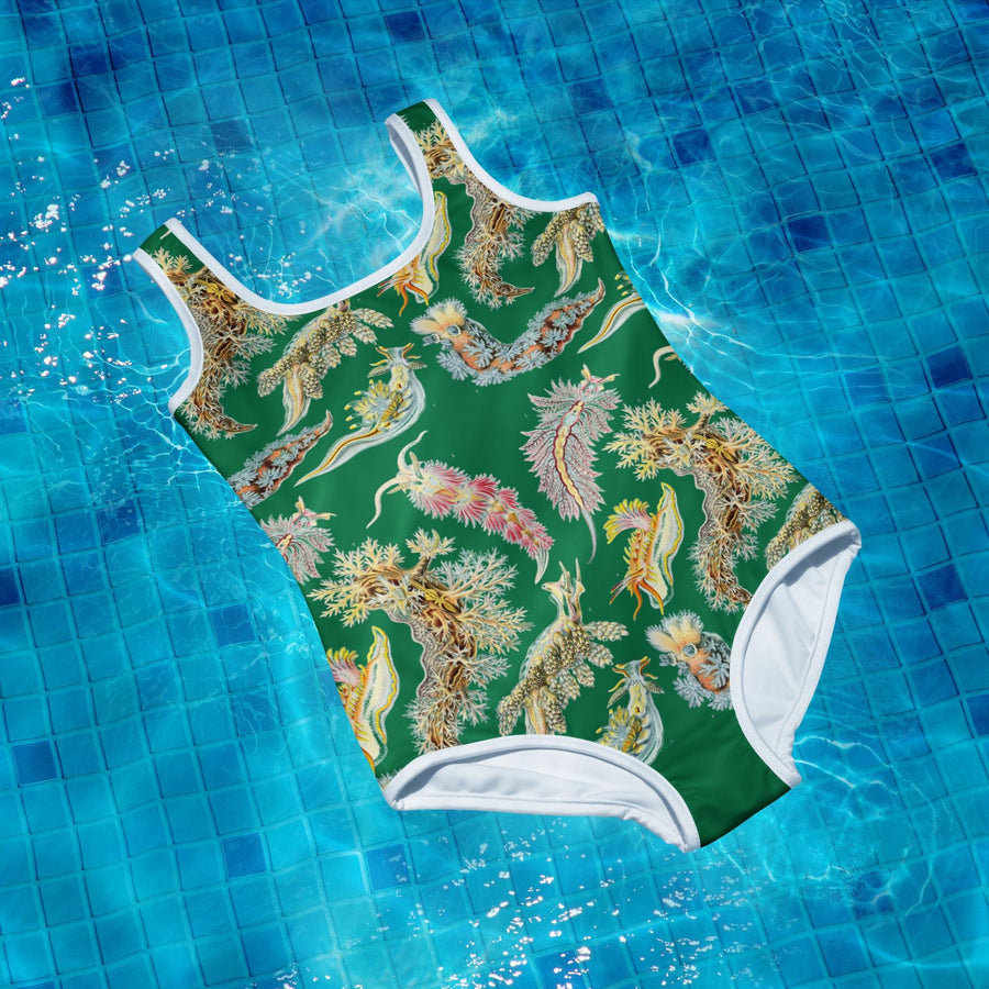 Sea Slugs Youth One-Piece Swimsuit on Green. Vintage illustration by Ernst Haeckel marine biologist, gift for her