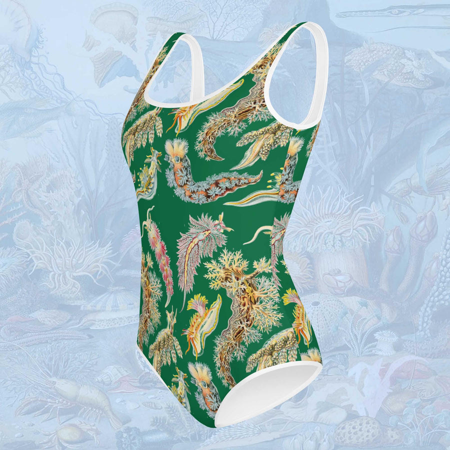Sea Slugs Youth One-Piece Swimsuit on Green. Vintage illustration by Ernst Haeckel marine biologist, gift for her