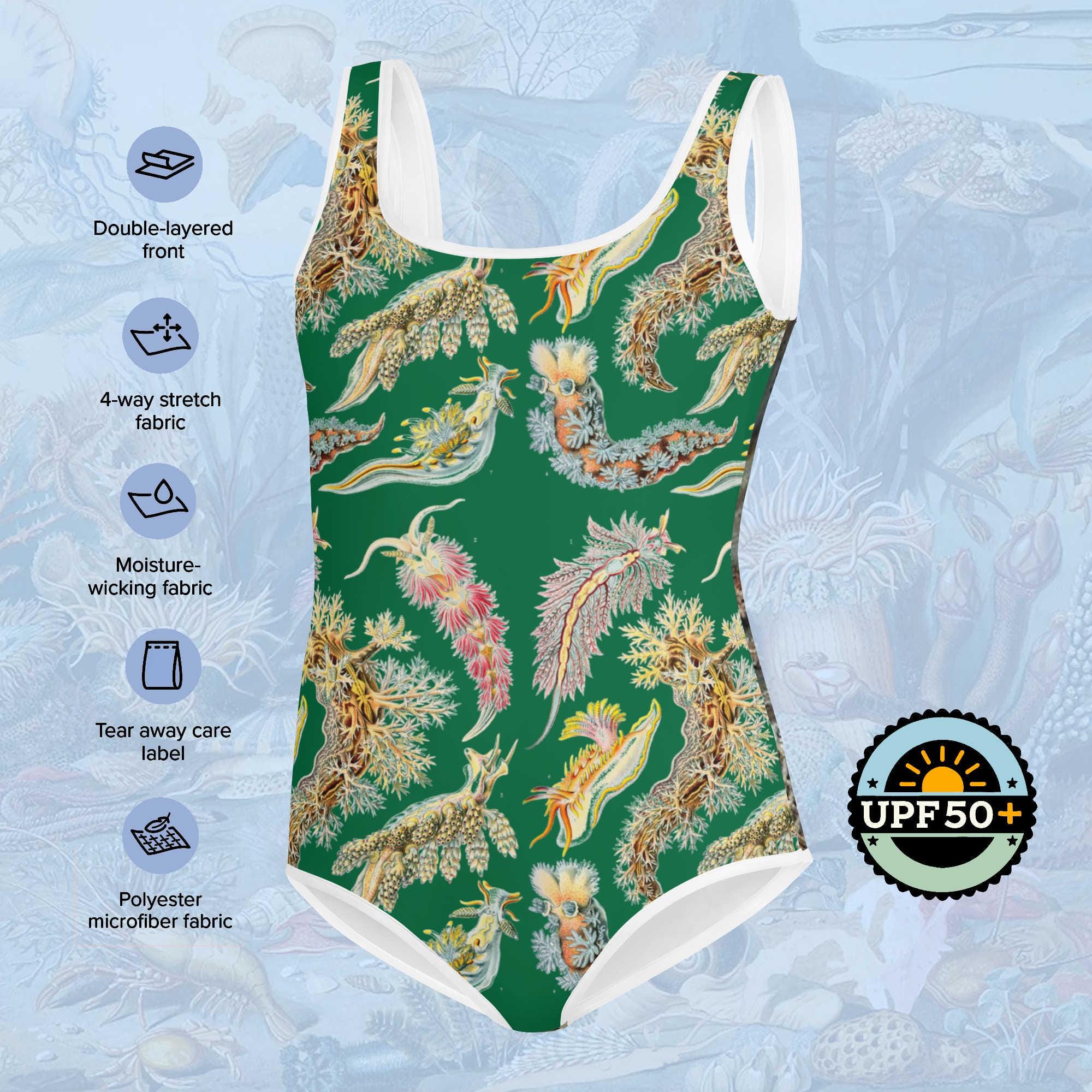 Sea Slugs Youth One-Piece Swimsuit on Green. Vintage illustration by Ernst Haeckel marine biologist, gift for her