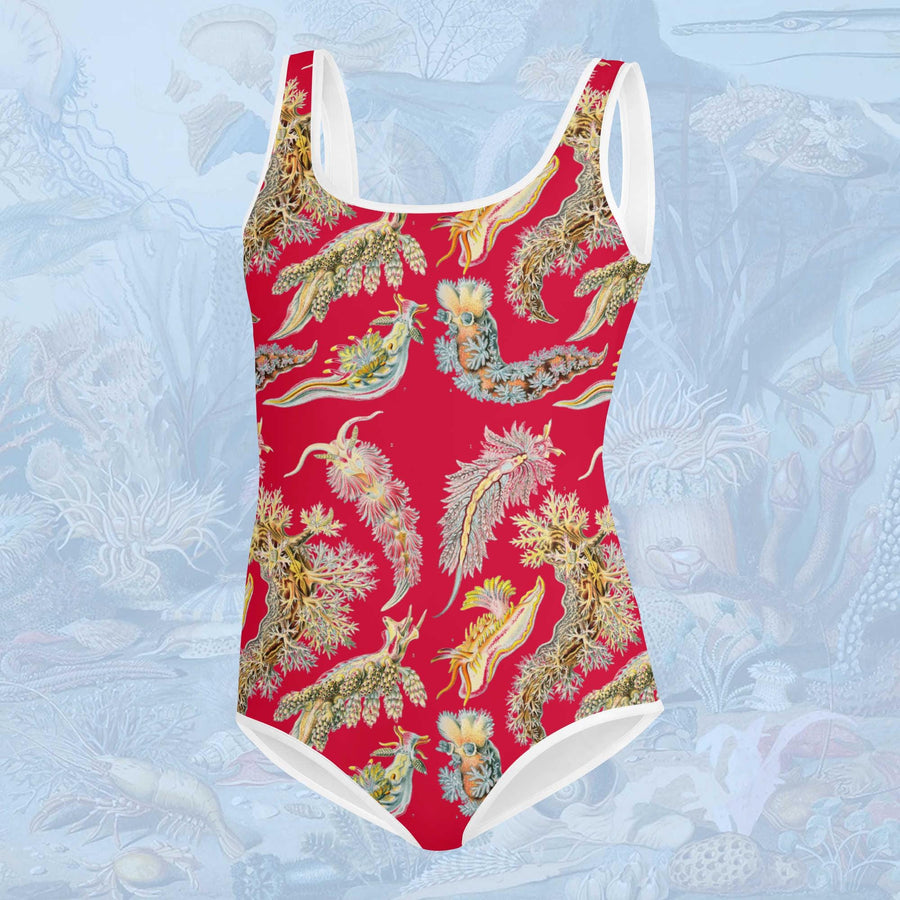 Sea Slugs Youth One-Piece Swimsuit on Red. Vintage illustration by Ernst Haeckel marine biologist, gift for her