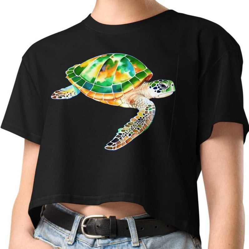 Women's Green Sea Turtle Crop-Top – Stylish & Eco-Conscious - Black