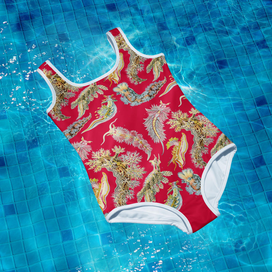 Sea Slugs Youth One-Piece Swimsuit on Maroon. Vintage illustration by Ernst Haeckel marine biologist, gift for her