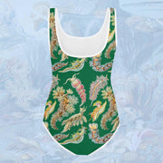 Sea Slugs Youth One-Piece Swimsuit on Green. Vintage illustration by Ernst Haeckel marine biologist, gift for her