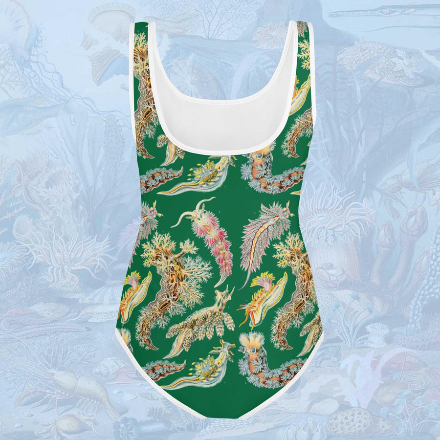 Sea Slugs Youth One-Piece Swimsuit on Green. Vintage illustration by Ernst Haeckel marine biologist, gift for her