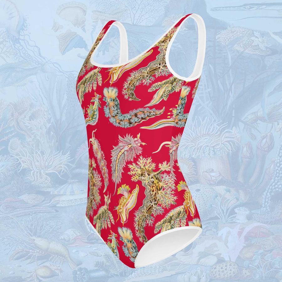 Sea Slugs Youth One-Piece Swimsuit on Red. Vintage illustration by Ernst Haeckel marine biologist, gift for her