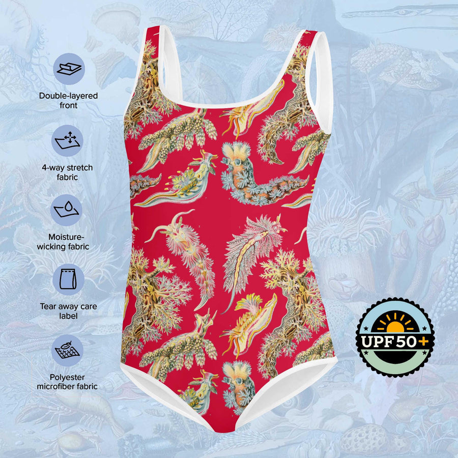 Sea Slugs Youth One-Piece Swimsuit on Red. Vintage illustration by Ernst Haeckel marine biologist, gift for her