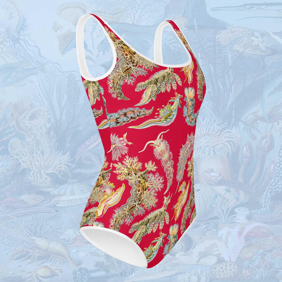 Sea Slugs Youth One-Piece Swimsuit on Red. Vintage illustration by Ernst Haeckel marine biologist, gift for her