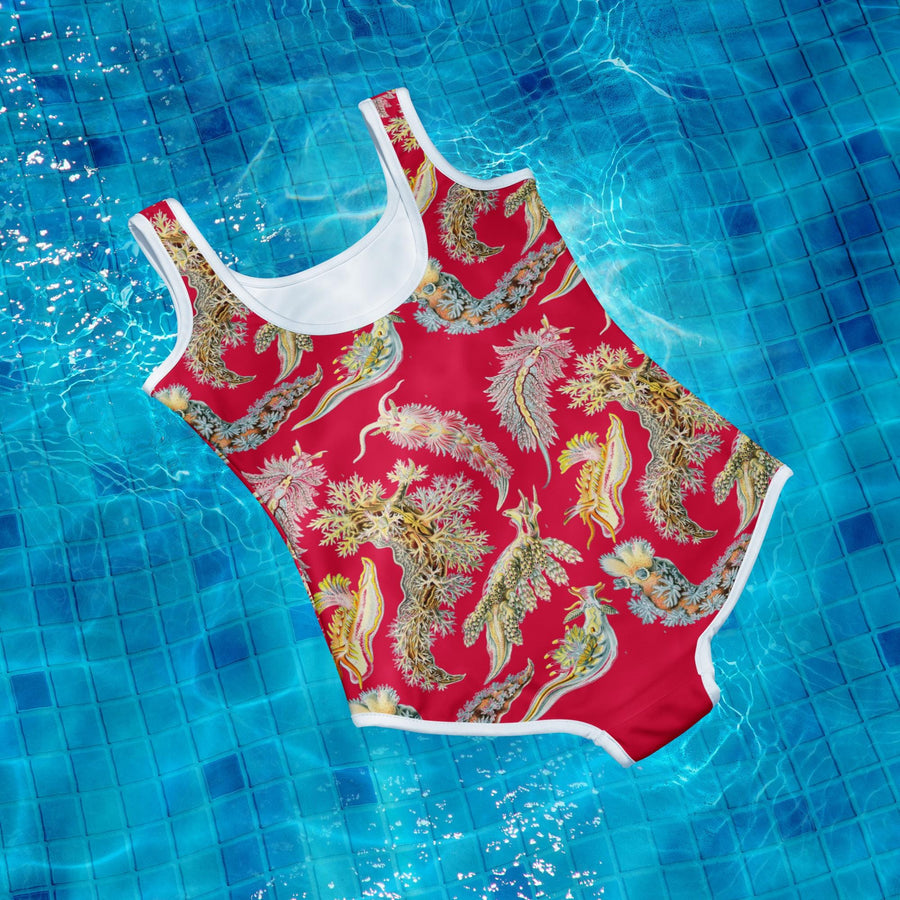 Sea Slugs Youth One-Piece Swimsuit on Red. Vintage illustration by Ernst Haeckel marine biologist, gift for her
