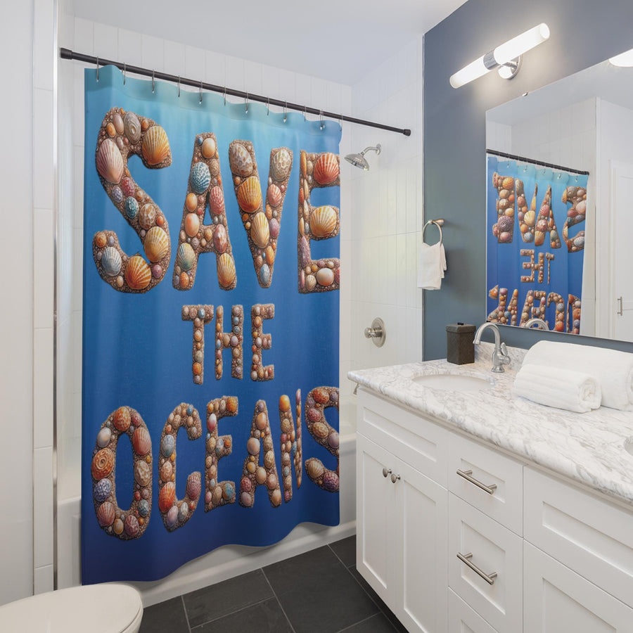Shower Curtains - Save the Oceans Seashell Lettering, Bathroom Decor, Ocean Theme, Beach House, Coastal Home, Environmental Awareness, Sea