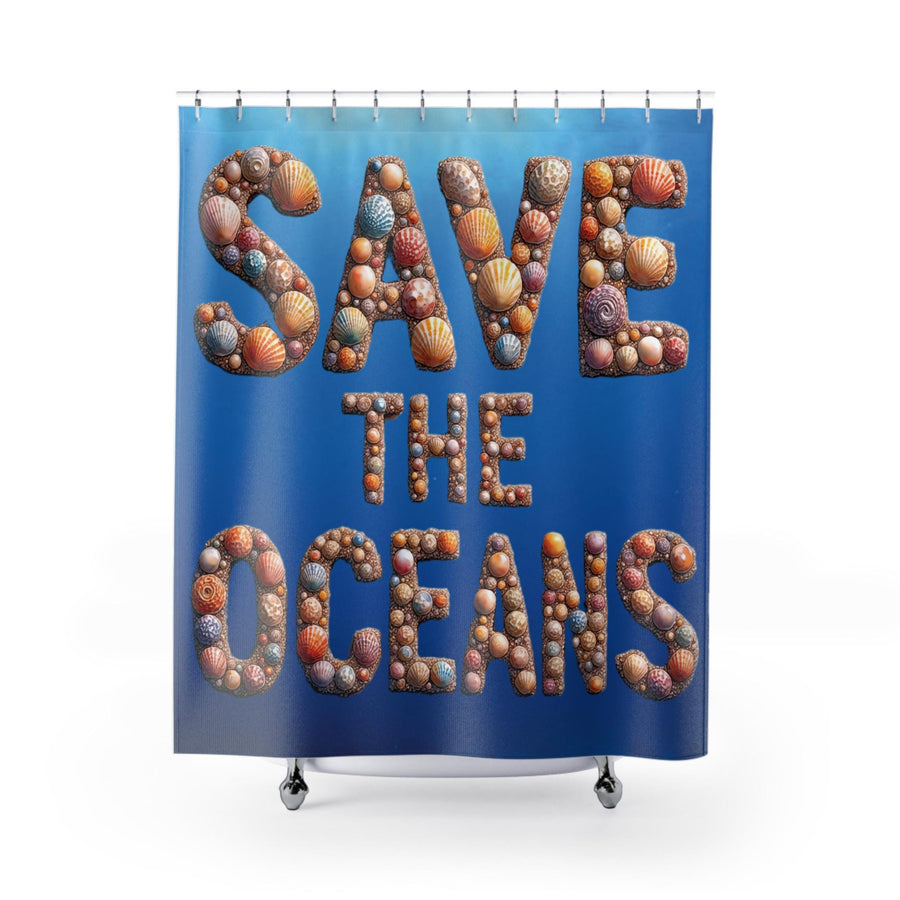 Shower Curtains - Save the Oceans Seashell Lettering, Bathroom Decor, Ocean Theme, Beach House, Coastal Home, Environmental Awareness, Sea