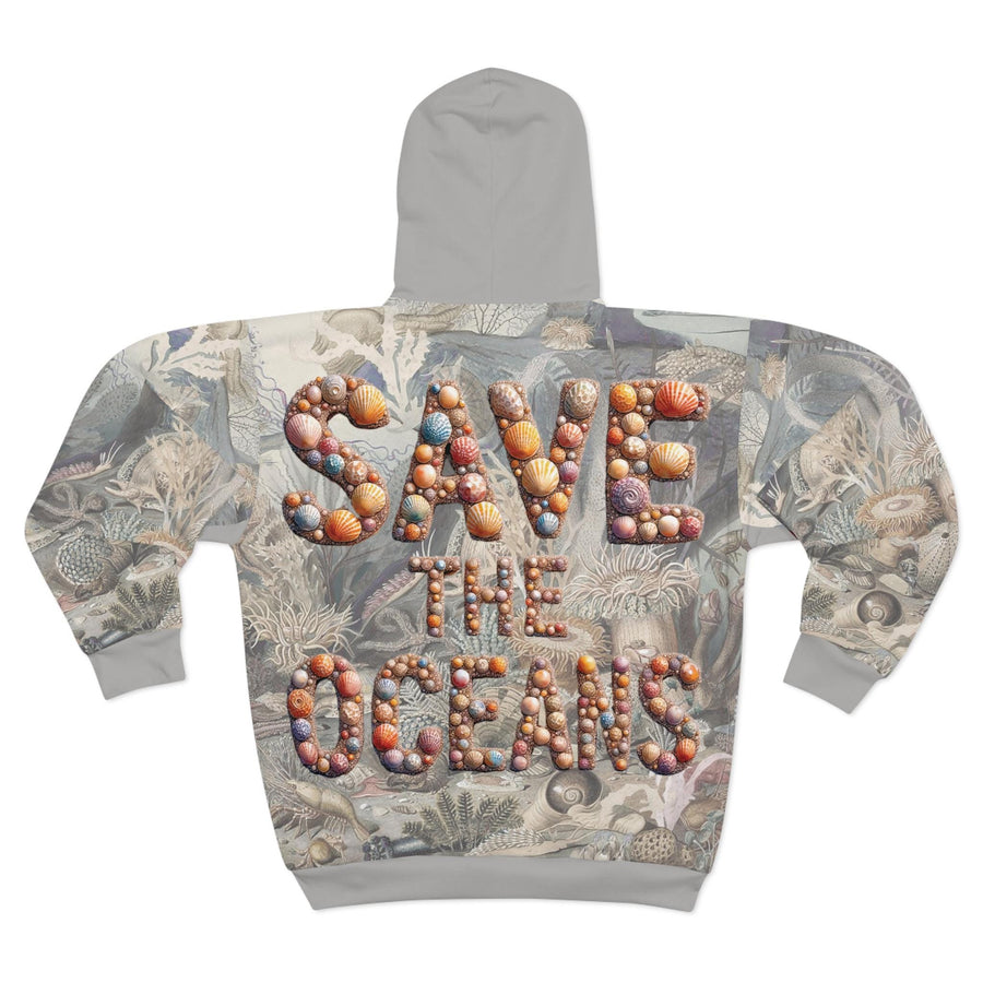 Save the Oceans Unisex Zip Hoodie, Vintage Ocean Life Painting, Seashell Lettering, Octopus Drawing, Sea Life Sweatshirt, Ocean Conservation