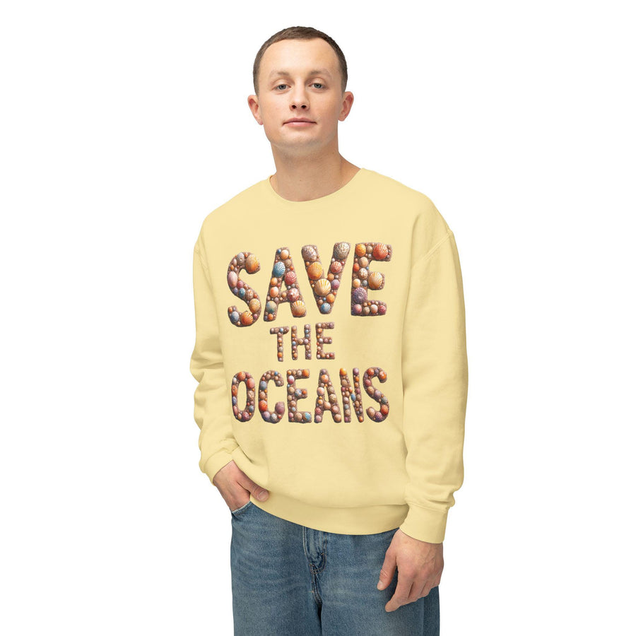 Save the Oceans Unisex Crewneck Sweatshirt, Shell Typography, Ocean Lover Gift, Eco-Friendly Jumper, Sustainable Apparel